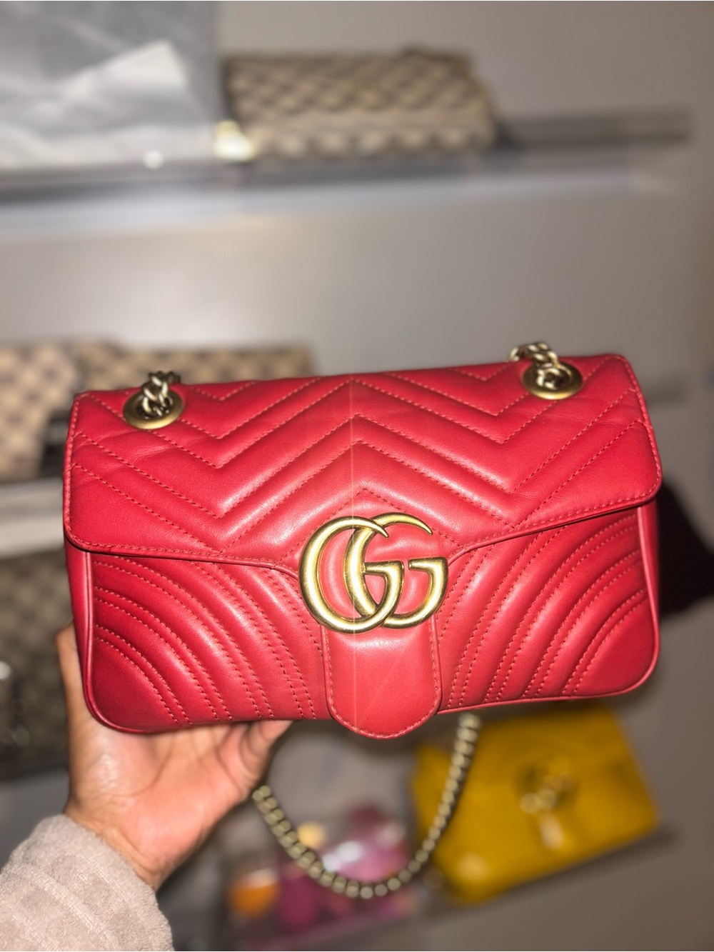Gucci Red Quilted Leather Shoulder Bag with Gold Double G